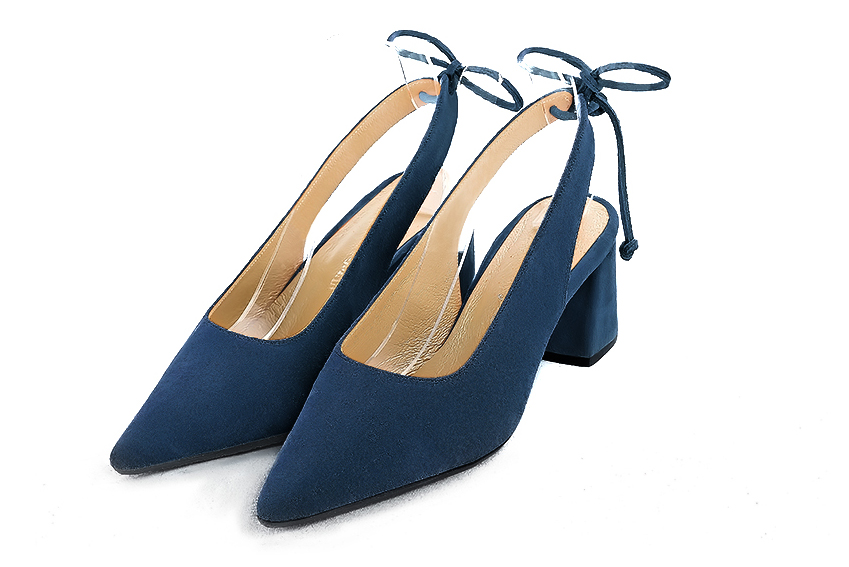 Dress slingback heels in navy blue leather with medium flare heels and pointed toe - Front view